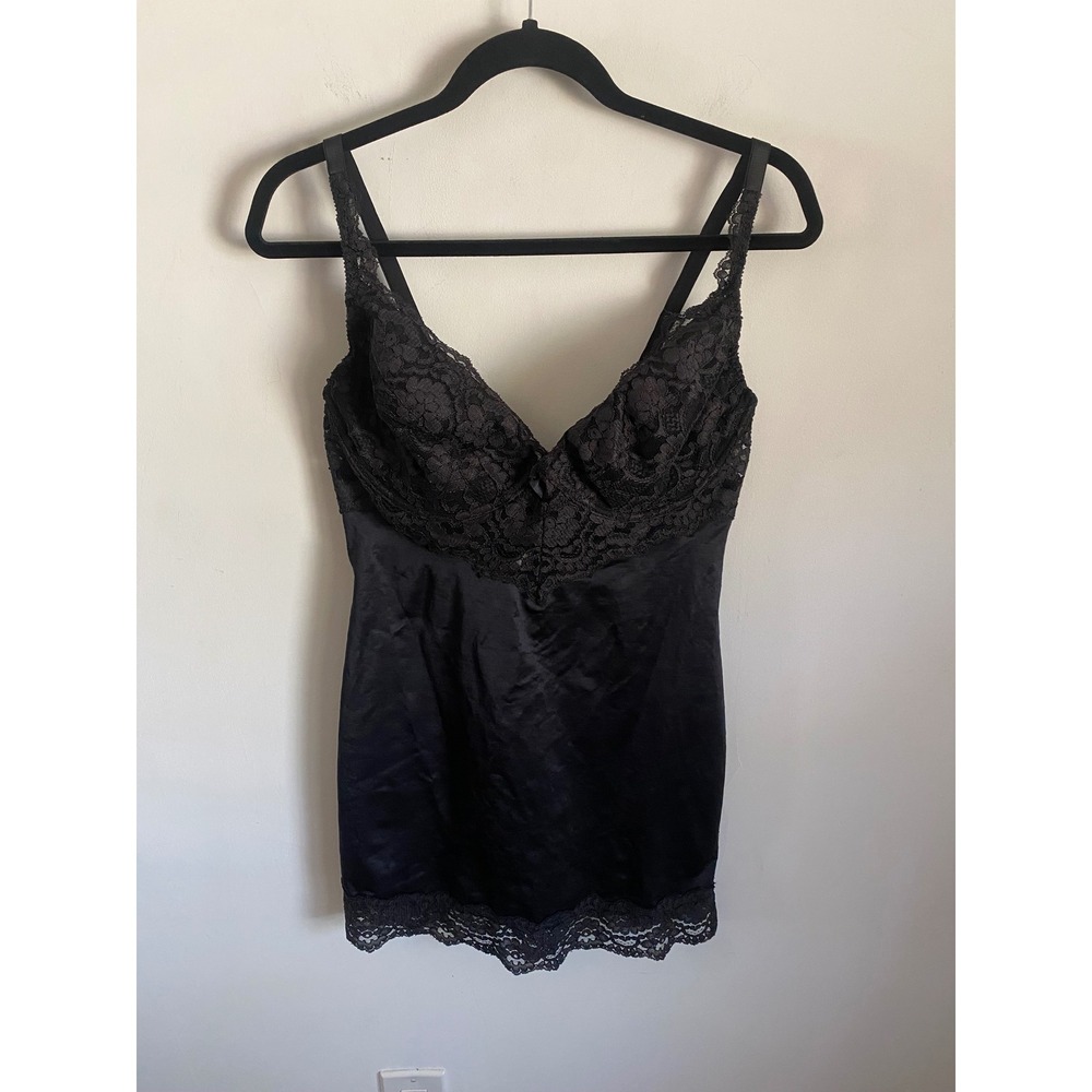Victorias Secret Black Satin Lace Underwire Slip Dress 38D 8687